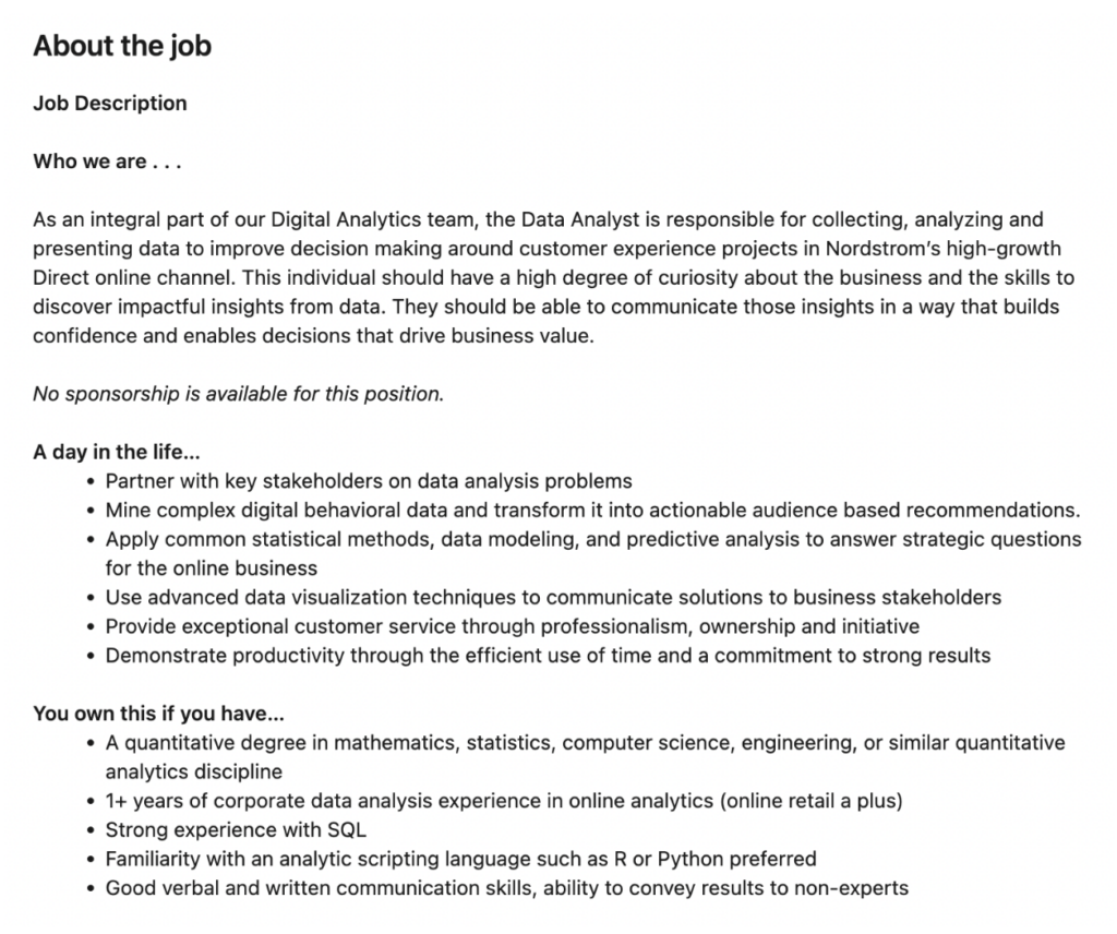 example of a data analytics job post on linkedIn